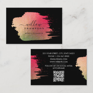 Brush Stroke Pink Gold on Black Event Planner Business Card