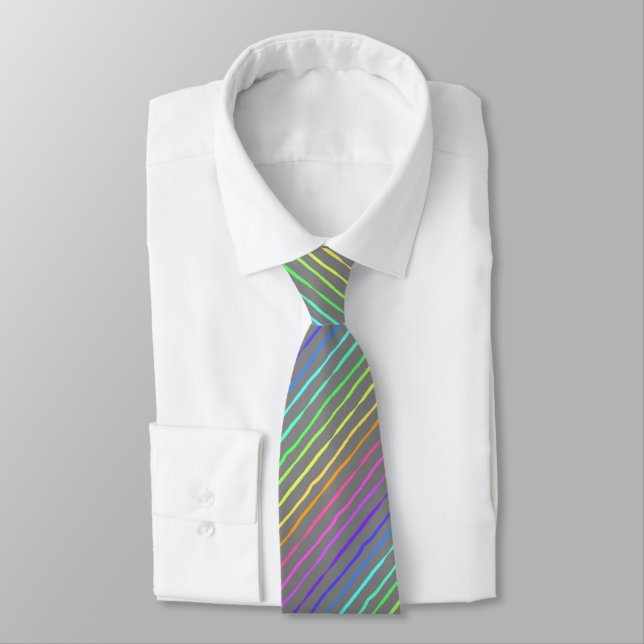 Brush Stroke Rainbow Striped Silver Two-sided Tie (Tied)