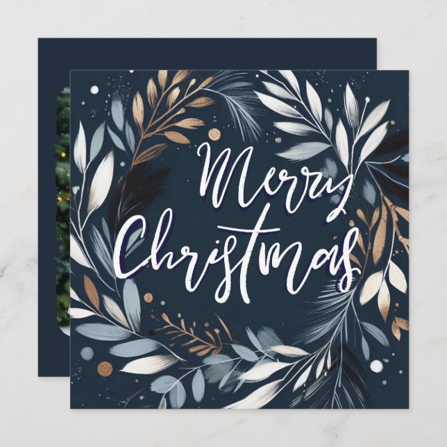 Brush stroke wreath Blue Merry Christmas  Holiday Card (Front/Back)