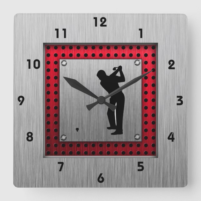 Brushed Aluminium look Golfer Square Wall Clock (Front)
