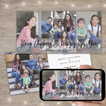 Brushed Black Script Christmas & New Years 4 Photo Holiday Card<br><div class="desc">Send stylish joyful greetings and share four of your favourite pictures with a unique custom photo collage 4"x8" holiday card. All text on this template is simple to personalise to include any wording, such as Merry Christmas, Happy Holidays, Seasons Greetings, New Year Cheers etc. (IMAGE PLACEMENT TIP: An easy way...</div>
