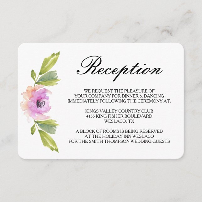Brushed Blooms | Watercolor Wedding Reception Enclosure Card (Front)