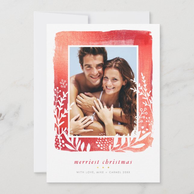 BRUSHED FRAME photo minimal modern foliage red Holiday Card (Front)