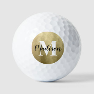 Brushed Gold Black Name White Monogram Golf Balls