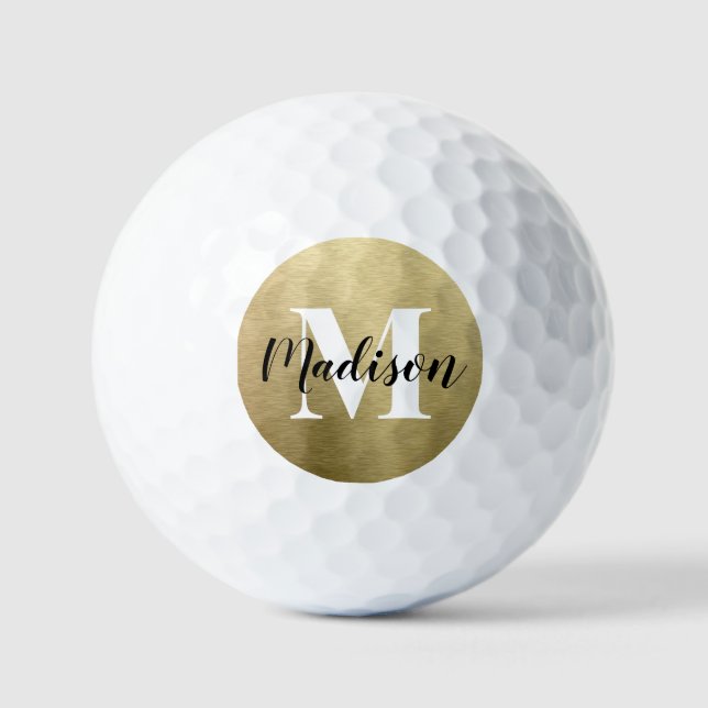Brushed Gold Black Name White Monogram Golf Balls (Front)