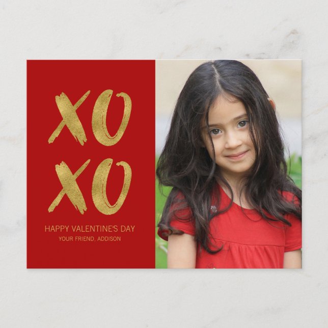 Brushed Gold Foil XOXO Valentine Photo Postcard (Front)