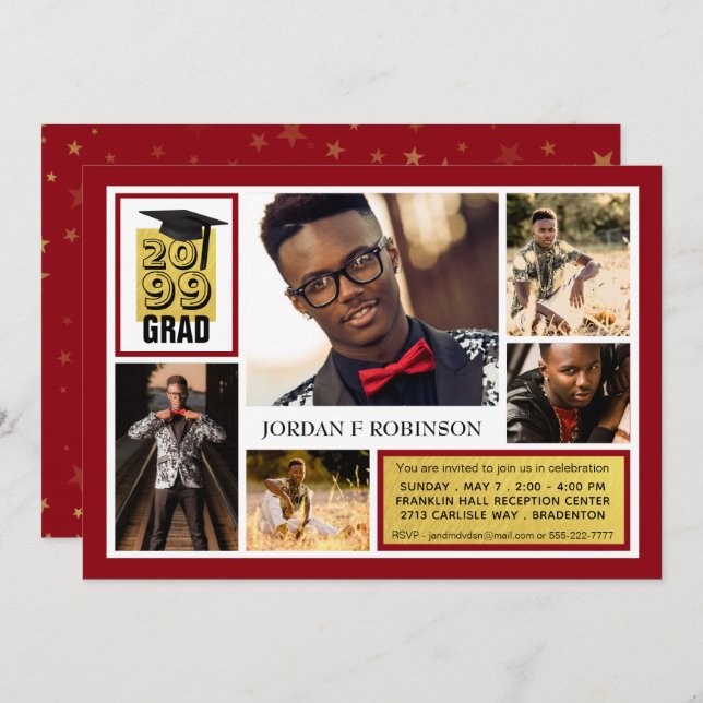 Brushed Gold GRAD | Editable Red | 5 Photo Invitation (Front/Back)