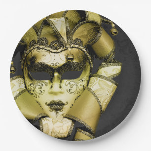 Brushed Gold Mardi Gras Masquerade Paper Plate