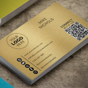 Brushed Gold Metal QR Code Logo Connect With Us  Business Card