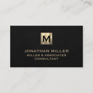 Brushed Gold Monogrammed Black Leather Business Card