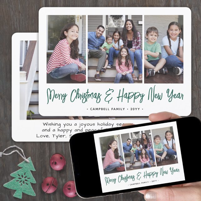 Brushed Green Script Christmas & New Years 4 Photo Holiday Card (Creator Uploaded)