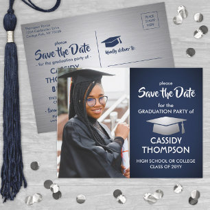 Brushed Grey & Navy Graduation Photo Save the Date Postcard