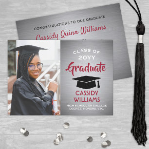 Brushed Grey Ombre, Red and White Graduation Photo Invitation