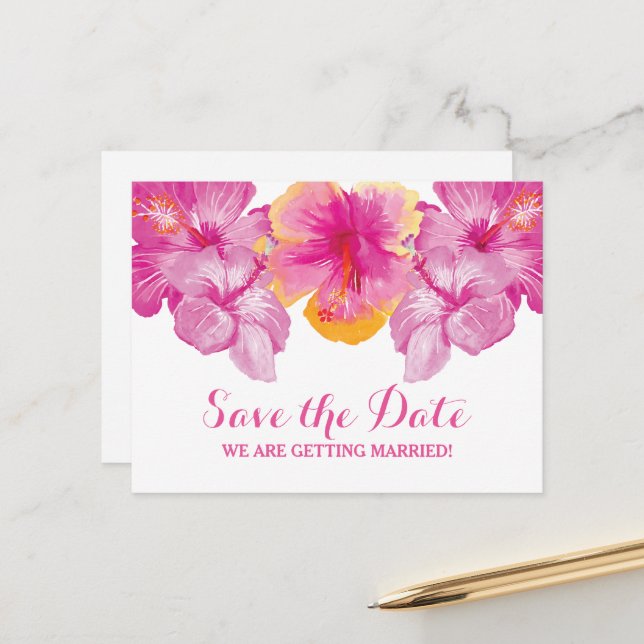 Brushed Hibiscus Floral Save the Date Postcard (Front/Back In Situ)