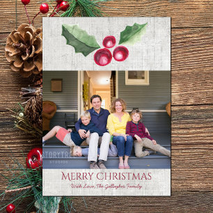 Brushed Holly and Berry Holiday Photo Card