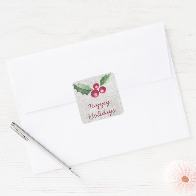 Brushed Holly and Berry Holiday Square Sticker (Envelope)