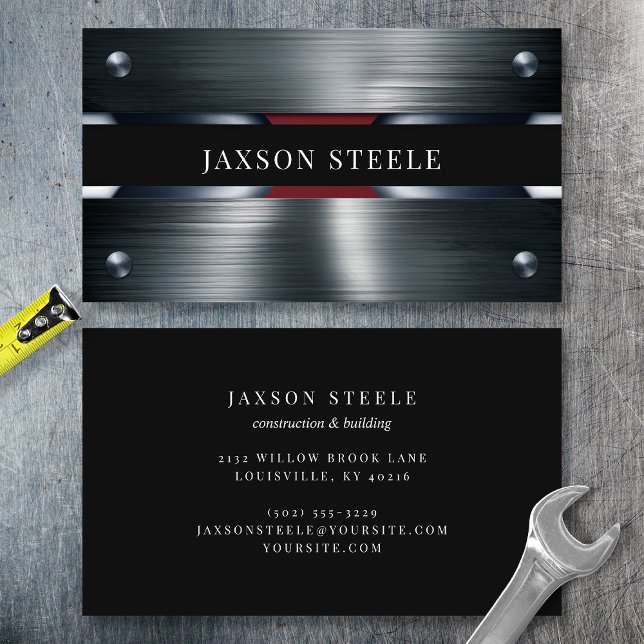 Brushed Metal and Burgundy Rivet  Business Card (Creator Uploaded)