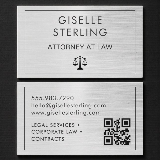 Brushed Metal Lawyer Attorney at Law QR Code  Business Card (Creator Uploaded)