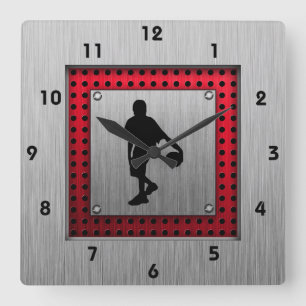 Brushed metal look, Basketball; red Square Wall Clock