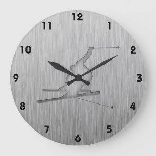 Brushed Metal-look Snow Skiing Large Clock