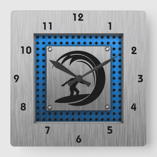 Brushed Metal look Surfing Square Wall Clock (Front)