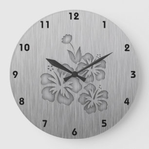 Brushed Metal-look Tropical Flowers Large Clock