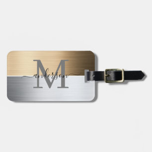 Brushed metal luggage tag in silver gray andcopper