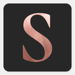 Brushed Metal Rose Gold Monogram S Black Square Sticker