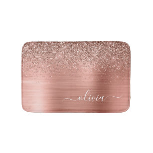 Brushed Metal Rose Gold Pink Glitter Monogram Bath Mat
