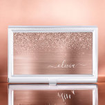 Brushed Metal Rose Gold Pink Glitter Monogram Business Card Holder<br><div class="desc">Rose Gold - Blush Pink Faux Foil Metallic Sparkle Glitter Brushed Metal Monogram Name Business Card Holder. This makes the perfect sweet 16 birthday,  wedding,  bridal shower,  anniversary,  baby shower or bachelorette party gift for someone that loves glam luxury and chic styles.</div>