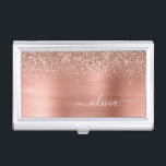 Brushed Metal Rose Gold Pink Glitter Monogram Business Card Holder<br><div class="desc">Rose Gold - Blush Pink Faux Foil Metallic Sparkle Glitter Brushed Metal Monogram Name Business Card Holder. This makes the perfect sweet 16 birthday,  wedding,  bridal shower,  anniversary,  baby shower or bachelorette party gift for someone that loves glam luxury and chic styles.</div>