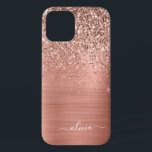 Brushed Metal Rose Gold Pink Glitter Monogram iPhone 12 Case<br><div class="desc">Rose Gold - Blush Pink Faux Foil Metallic Sparkle and Dripping Glitter Brushed Metal Monogram Name and Initial Phone. This makes the perfect sweet 16 birthday,  wedding,  bridal shower,  anniversary,  baby shower or bachelorette party gift for someone that loves glam luxury and chic styles.</div>