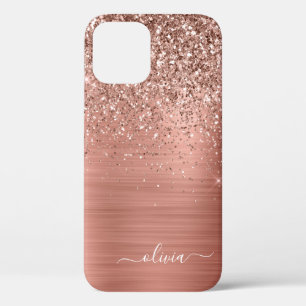 Brushed Metal Rose Gold Pink Glitter Monogram iPhone 12 Case