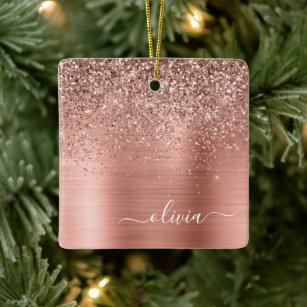 Brushed Metal Rose Gold Pink Glitter Monogram Ceramic Ornament
