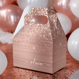 Brushed Metal Rose Gold Pink Glitter Monogram Favour Box