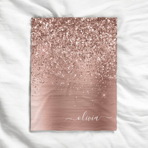 Brushed Metal Rose Gold Pink Glitter Monogram Fleece Blanket
