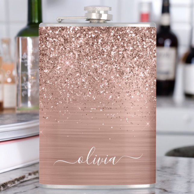 Brushed Metal Rose Gold Pink Glitter Monogram Hip Flask (Creator Uploaded)