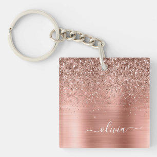 Brushed Metal Rose Gold Pink Glitter Monogram Key Ring