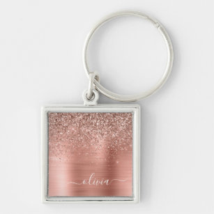 Brushed Metal Rose Gold Pink Glitter Monogram Key Ring