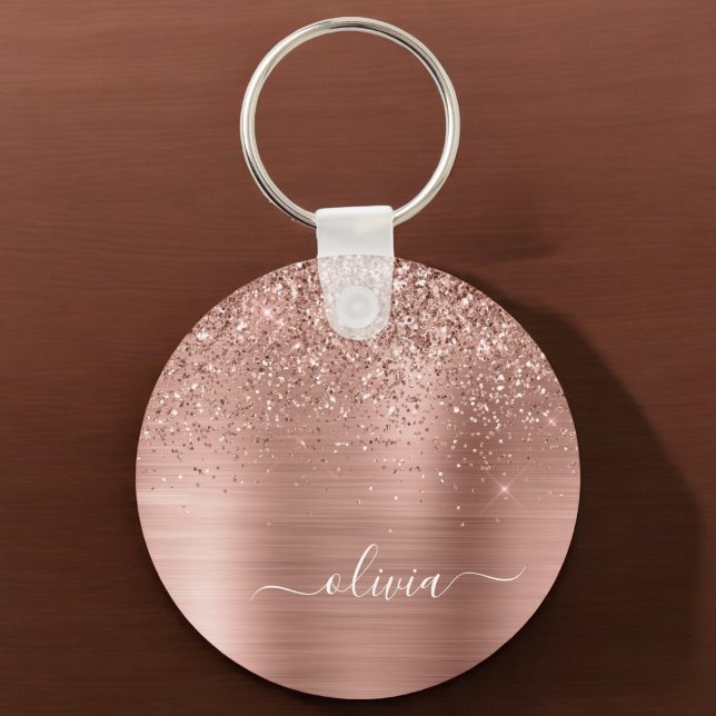 Brushed Metal Rose Gold Pink Glitter Monogram Key Ring (Creator Uploaded)