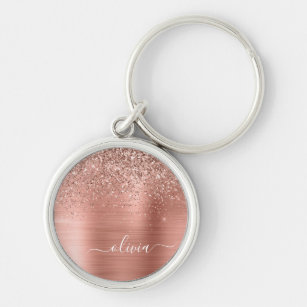 Brushed Metal Rose Gold Pink Glitter Monogram Key Ring