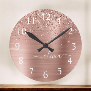 Brushed Metal Rose Gold Pink Glitter Monogram Large Clock