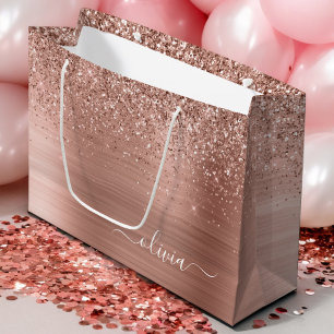 Brushed Metal Rose Gold Pink Glitter Monogram Large Gift Bag