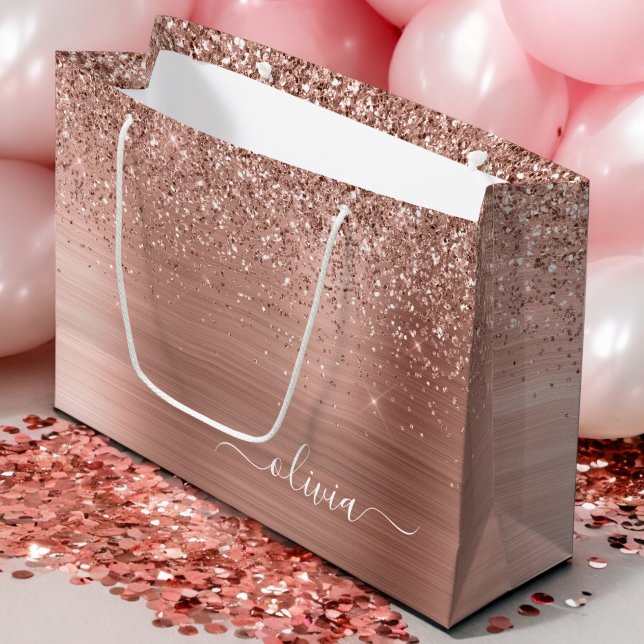 Brushed Metal Rose Gold Pink Glitter Monogram Large Gift Bag (Creator Uploaded)