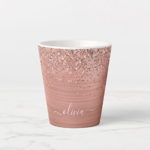Brushed Metal Rose Gold Pink Glitter Monogram Latte Mug