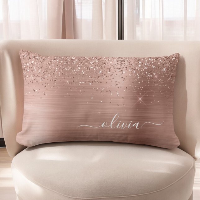 Brushed Metal Rose Gold Pink Glitter Monogram Lumbar Cushion (Creator Uploaded)