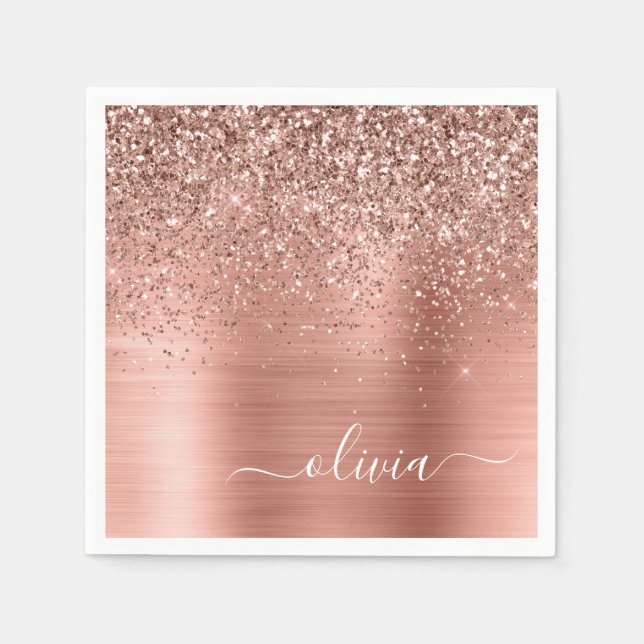 Brushed Metal Rose Gold Pink Glitter Monogram Napkin (Front)