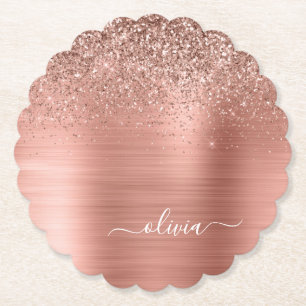 Brushed Metal Rose Gold Pink Glitter Monogram Paper Coaster