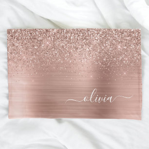 Brushed Metal Rose Gold Pink Glitter Monogram Pillowcase