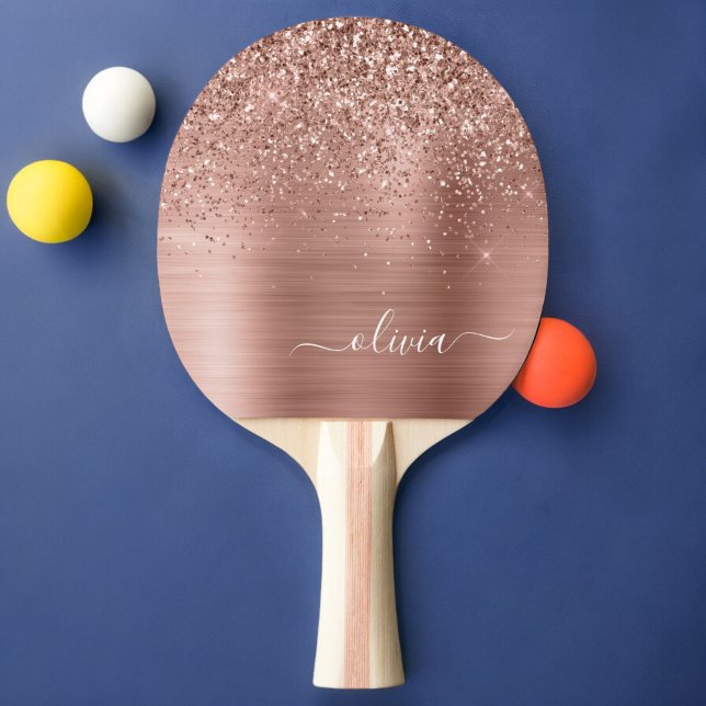 Brushed Metal Rose Gold Pink Glitter Monogram Ping Pong Paddle (Creator Uploaded)
